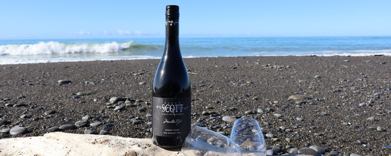 Wine bottle with a glass on a piece of driftwood by the ocean Allan Scott